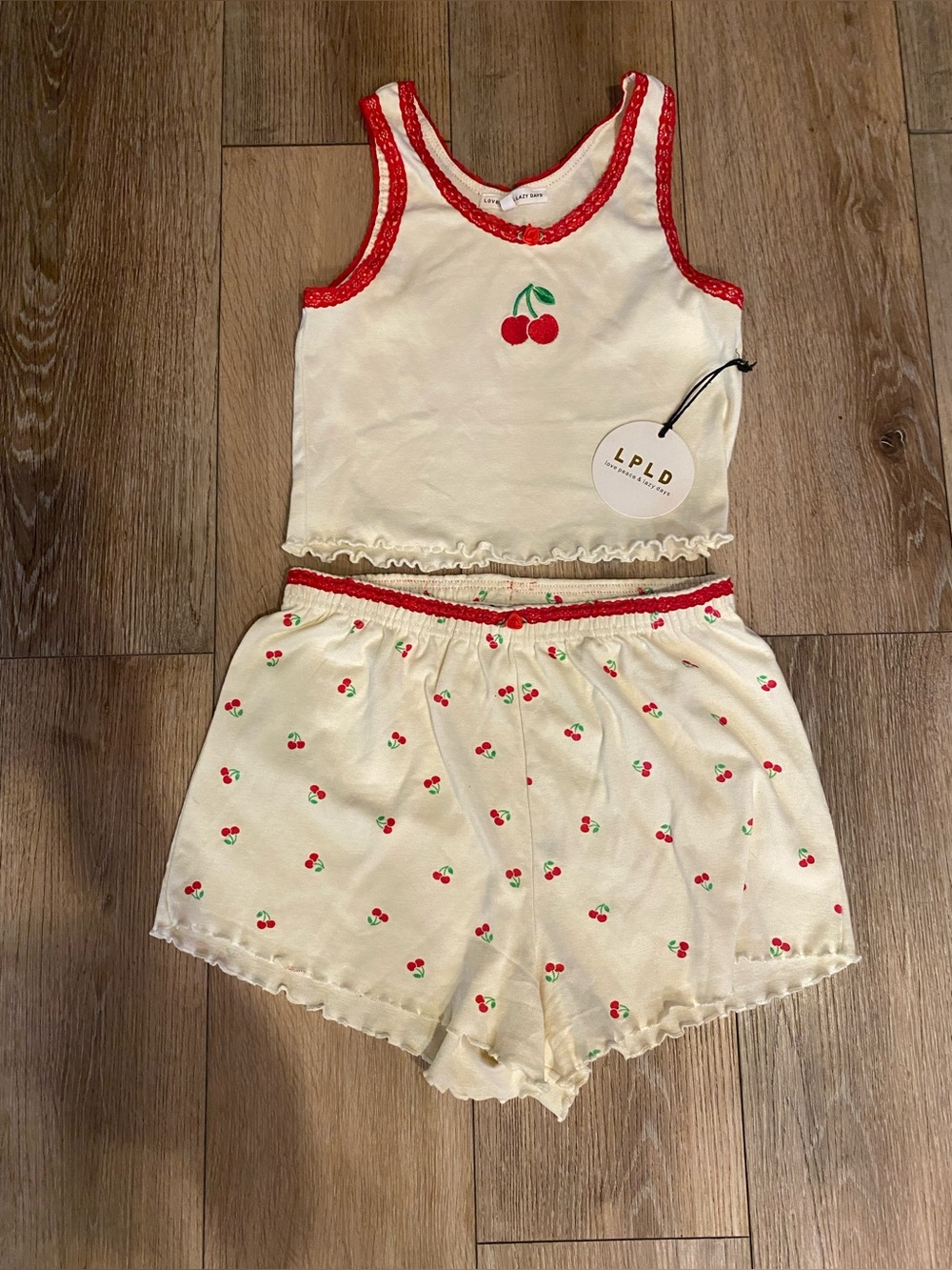 NWT LPLD Love Peace & Lazy Days Cherry Pyjama Set Size M Cream Red Lace Coquette